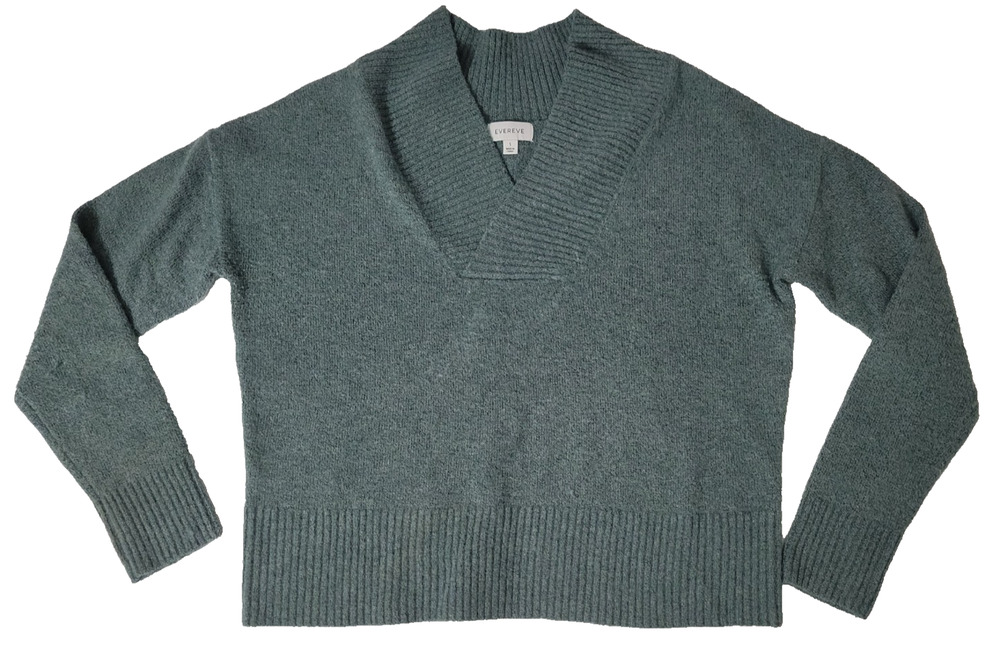 EVEREVE Womens S Sage Green V Neck Ribbed Hem Relaxed Pullover Sweater